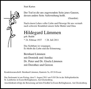 Traueranzeige von Hildegard Lümmen von Tageszeitung