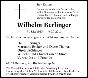 Traueranzeige von Wilhelm Berlinger von Tageszeitung