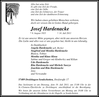 Traueranzeige von Josef Hardenacke von Tageszeitung