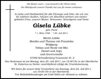 Traueranzeige von Gisela Lübke von Tageszeitung