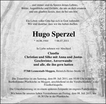 Traueranzeige von Hugo Sperzel von Tageszeitung