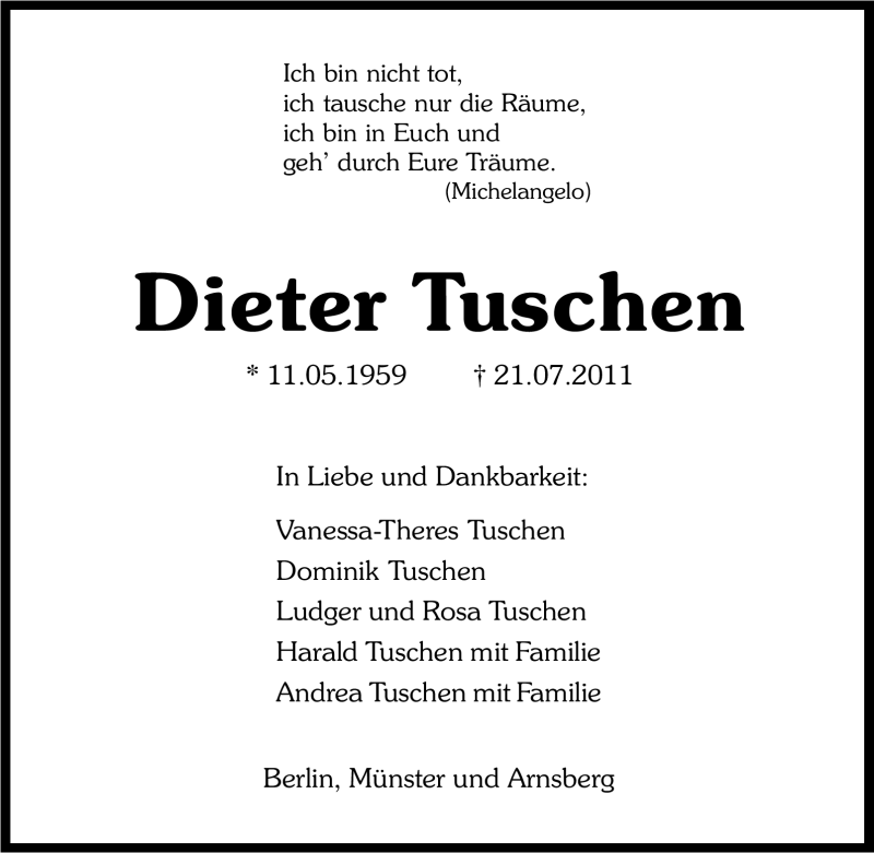  Traueranzeige für Dieter Tuschen vom 30.07.2011 aus Tageszeitung
