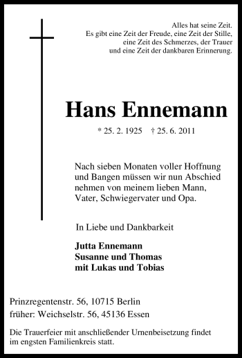 Traueranzeige von Hans Ennemann von Tageszeitung