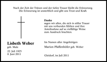 Traueranzeige von Lisbeth Weber von Tageszeitung