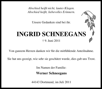 Traueranzeige von INGRID SCHNEEGANS von Tageszeitung