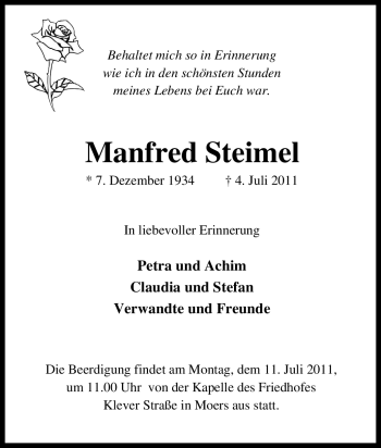 Traueranzeige von Manfred Steimel von Tageszeitung