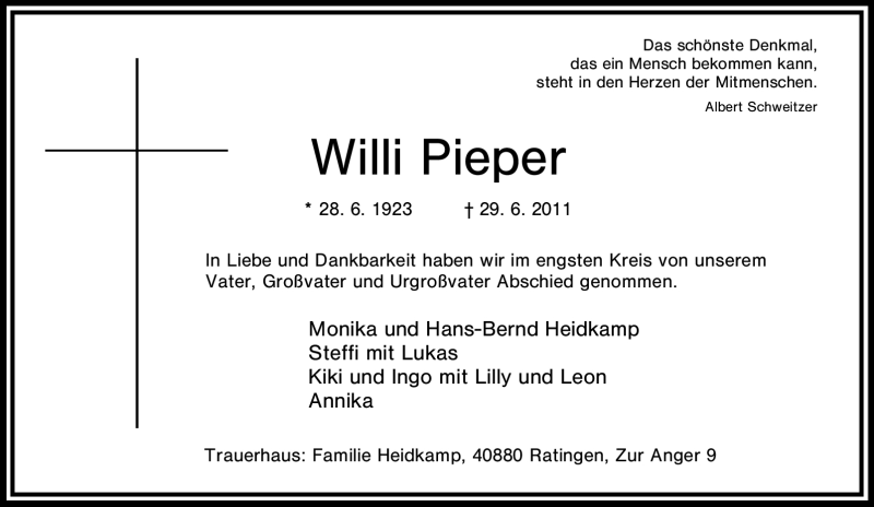  Traueranzeige für Willi Pieper vom 09.07.2011 aus Tageszeitung