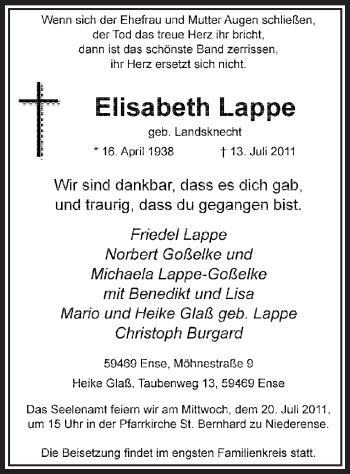 Traueranzeige von Elisabeth Lappe von Tageszeitung