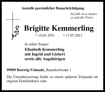 Traueranzeige von Brigitte Kemmerling von Tageszeitung