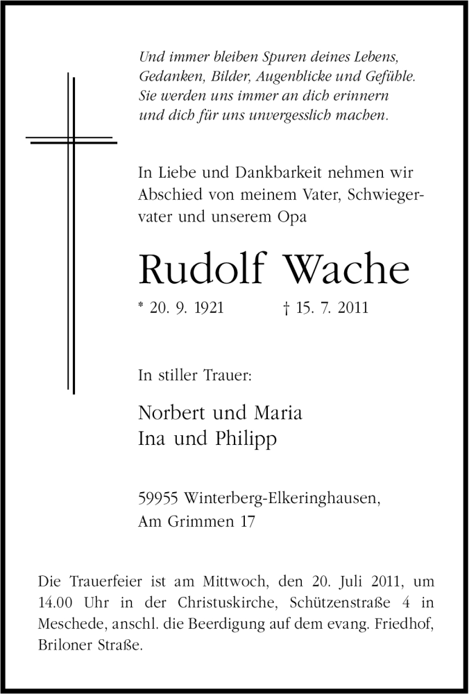  Traueranzeige für Rudolf Wache vom 18.07.2011 aus Tageszeitung