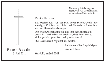 Traueranzeige von Peter Budde von Tageszeitung