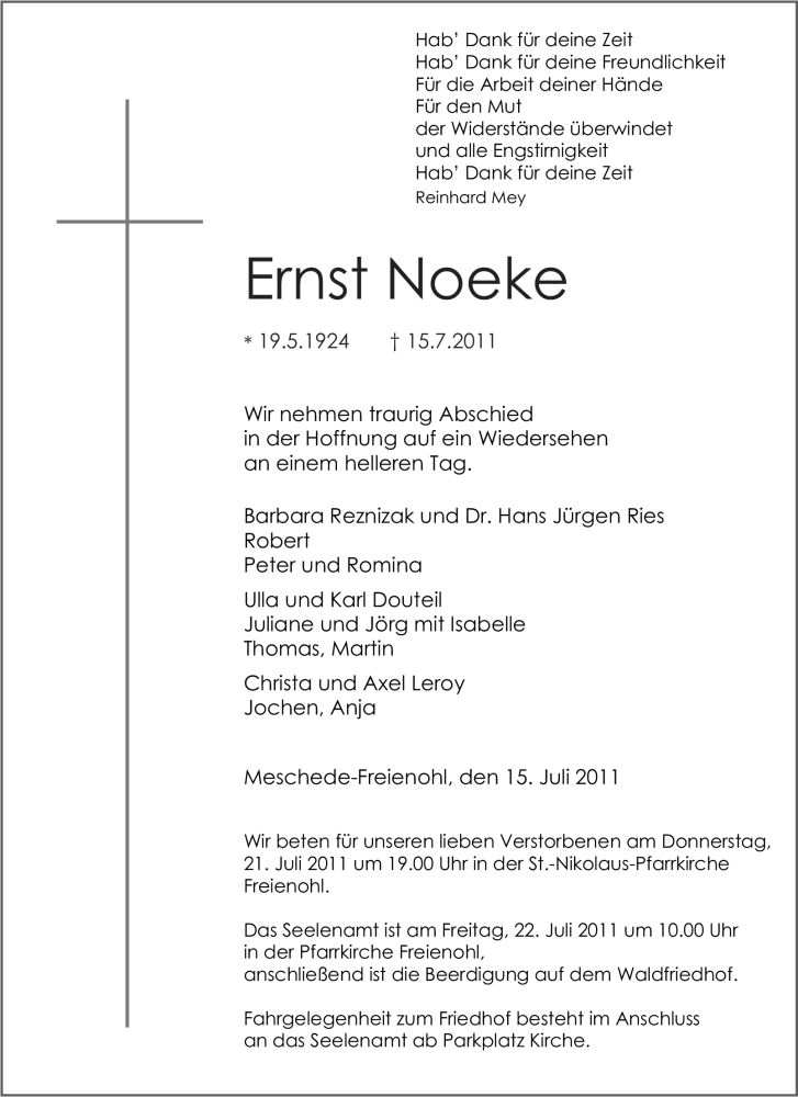  Traueranzeige für Ernst Noeke vom 18.07.2011 aus Tageszeitung