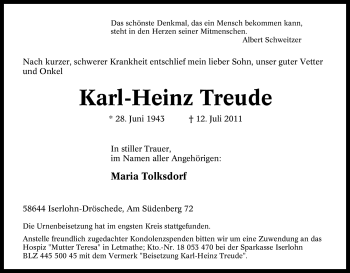 Traueranzeige von Karl-Heinz Treude von Tageszeitung