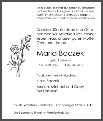 Traueranzeige von Maria Boczek von Tageszeitung