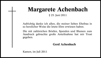 Traueranzeige von Margarete Achenbach von Tageszeitung