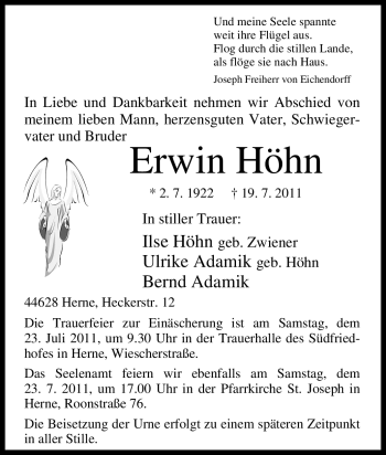Traueranzeige von Erwin Höhn von Tageszeitung