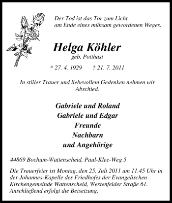 Traueranzeige von Helga Köhler von Tageszeitung