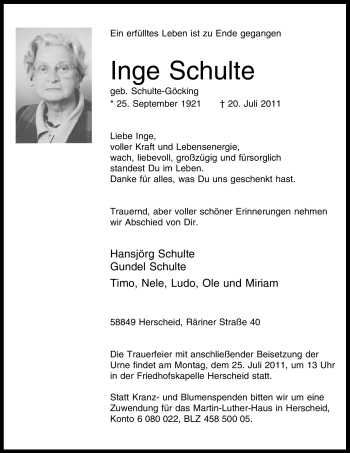 Traueranzeige von Inge Schulte von Tageszeitung
