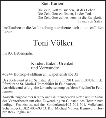 Traueranzeige von Toni Völker von Tageszeitung