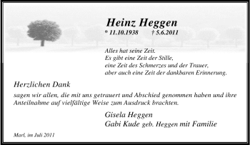 Traueranzeige von Heinz Heggen von Tageszeitung