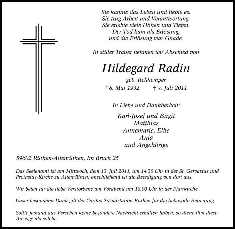  Traueranzeige für Hildegard Radin vom 09.07.2011 aus Tageszeitung