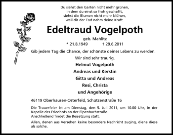 Traueranzeige von Edeltraud Vogelpoth von Tageszeitung