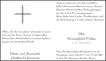 Traueranzeige von Ute Kranefeld-Finke von Tageszeitung