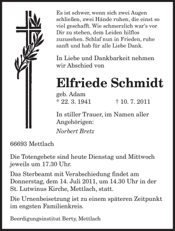 Traueranzeige von Elfriede Schmidt von Tageszeitung