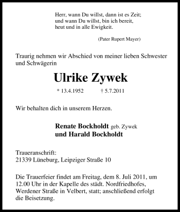 Traueranzeige von Ulrike Zywek von Tageszeitung