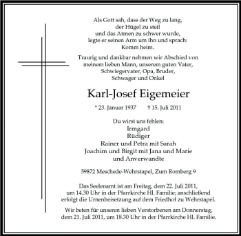 Traueranzeige von Karl-Josef Eigemeier von Tageszeitung