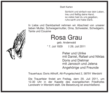 Traueranzeige von Rosa Grau von Tageszeitung