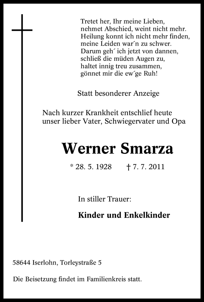  Traueranzeige für Werner Smarza vom 11.07.2011 aus Tageszeitung