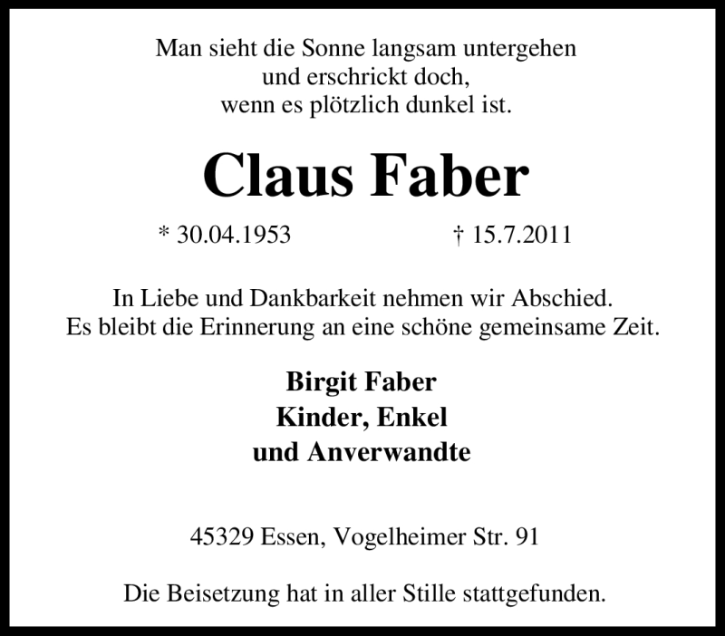 Traueranzeige für Claus Faber vom 23.07.2011 aus Tageszeitung