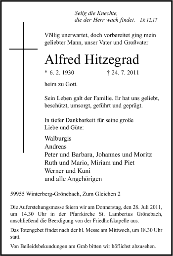 Traueranzeige von Alfred Hitzegrad von Tageszeitung