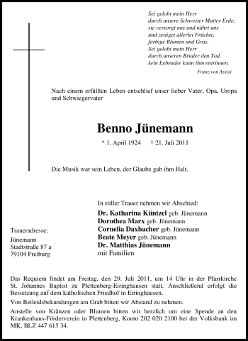 Traueranzeige von Benno Jünemann von Tageszeitung