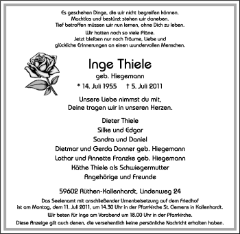 Traueranzeige von Inge Thiele von Tageszeitung