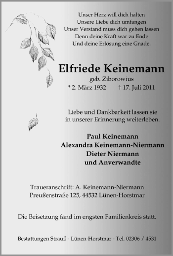 Traueranzeige von Elfriede Keinemann von Tageszeitung