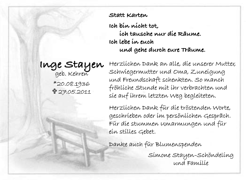  Traueranzeige für Inge Stayen vom 11.07.2011 aus Tageszeitung