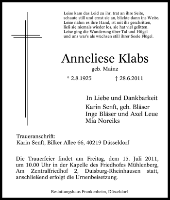 Traueranzeige von Anneliese Klabs von Tageszeitung