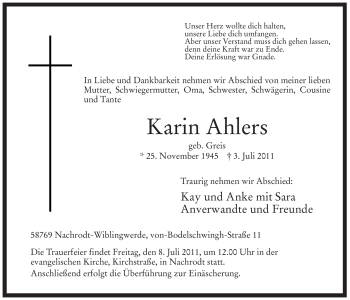 Traueranzeige von Karin Ahlers von Tageszeitung