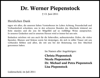 Traueranzeige von Werner Piepenstock von Tageszeitung