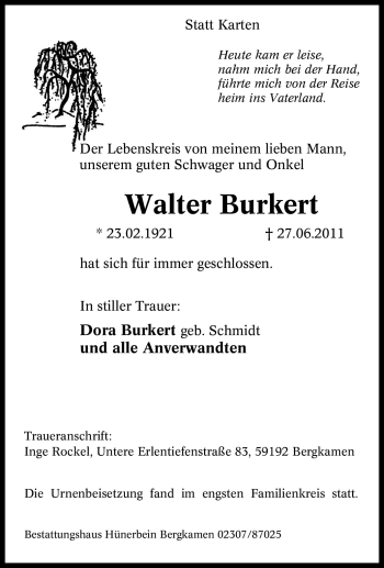 Traueranzeige von Walter Burkert von Tageszeitung