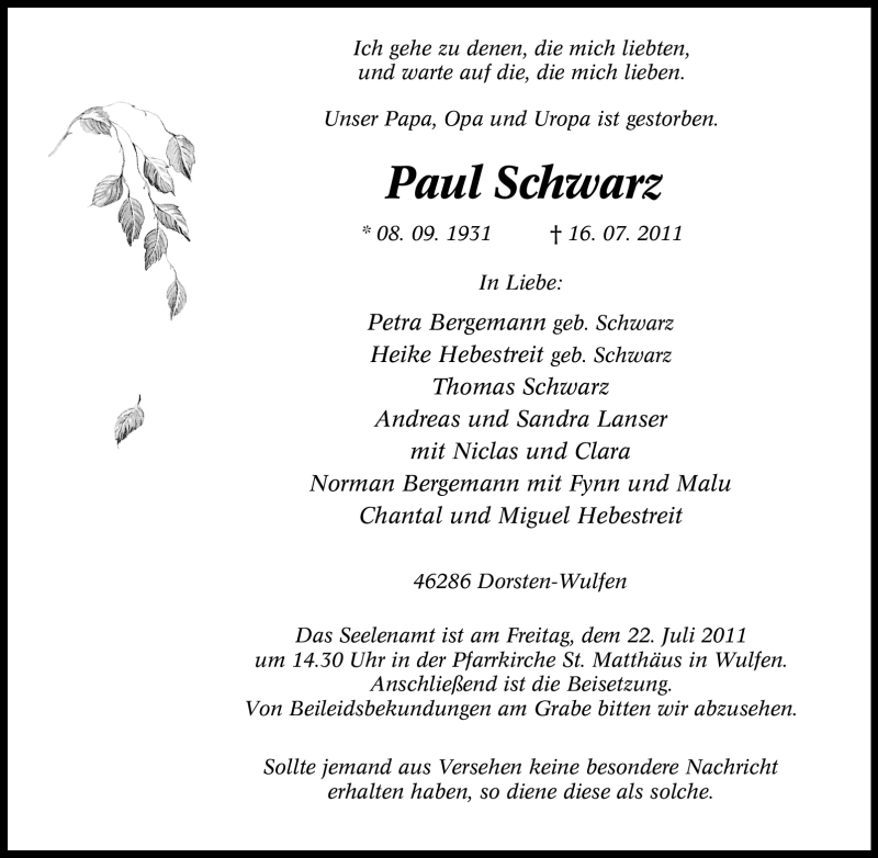  Traueranzeige für Paul Schwarz vom 20.07.2011 aus Tageszeitung