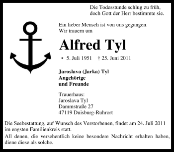 Traueranzeige von Alfred Tyl von Tageszeitung