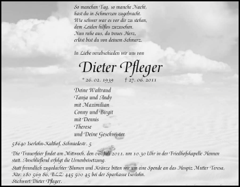 Traueranzeige von Dieter Pfleger von Tageszeitung