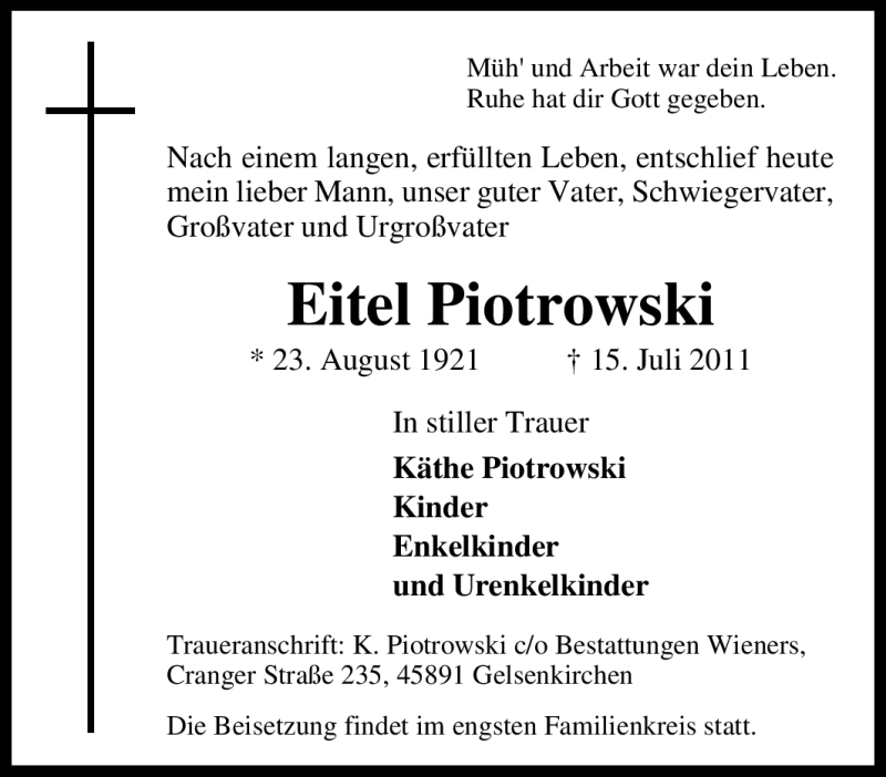  Traueranzeige für Eitel Piotrowski vom 19.07.2011 aus Tageszeitung