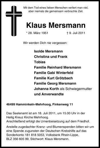 Traueranzeige von Klaus Mersmann von Tageszeitung