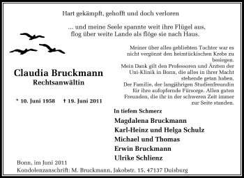 Traueranzeige von Claudia Bruckmann von Tageszeitung