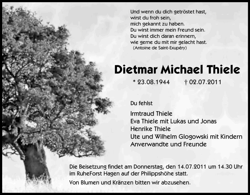  Traueranzeige für Dietmar Michael Thiele vom 11.07.2011 aus Tageszeitung