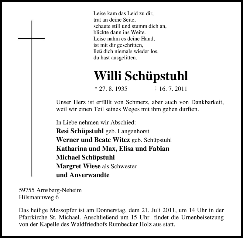  Traueranzeige für Willi Schüpstuhl vom 18.07.2011 aus Tageszeitung